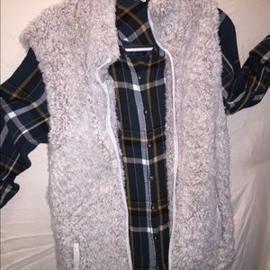 Fuzzy vest with plaid button up!